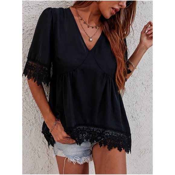 BellanBlue Tops - Boho Black Embroidered Floral V neck Top